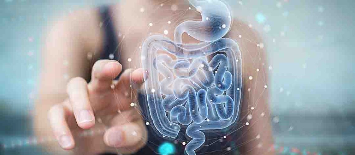 Woman on blurred background using digital x-ray of human intestine holographic scan projection 3D rendering